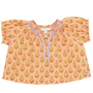 Girls Short Sleeve Ava Top in Orange Dahlia | Boho Chic Indian Block Print | Pin